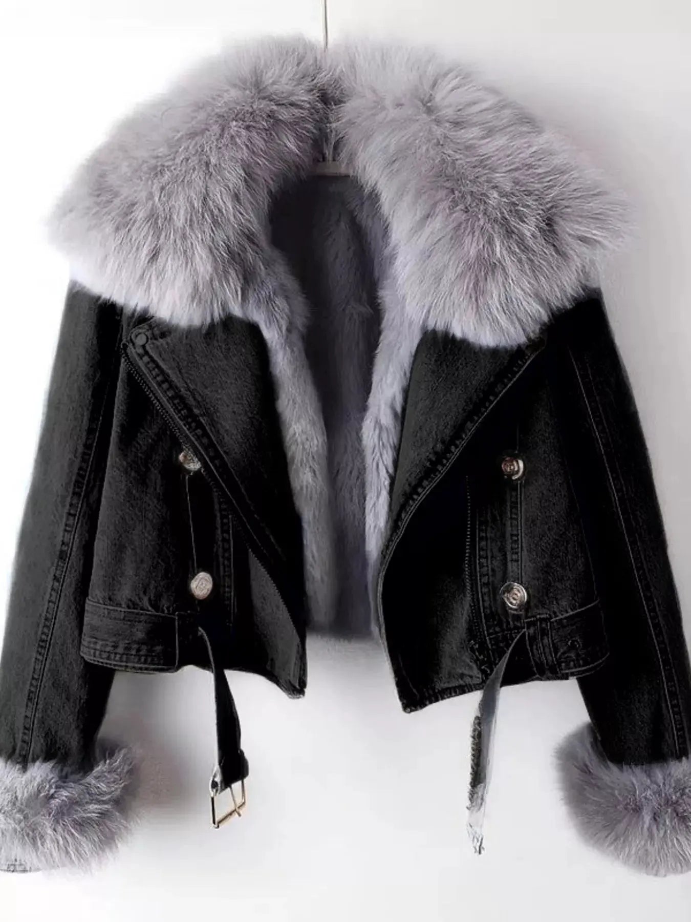 Full Size Faux Fur Collar Denim Jacket Plus Size by Partner Label