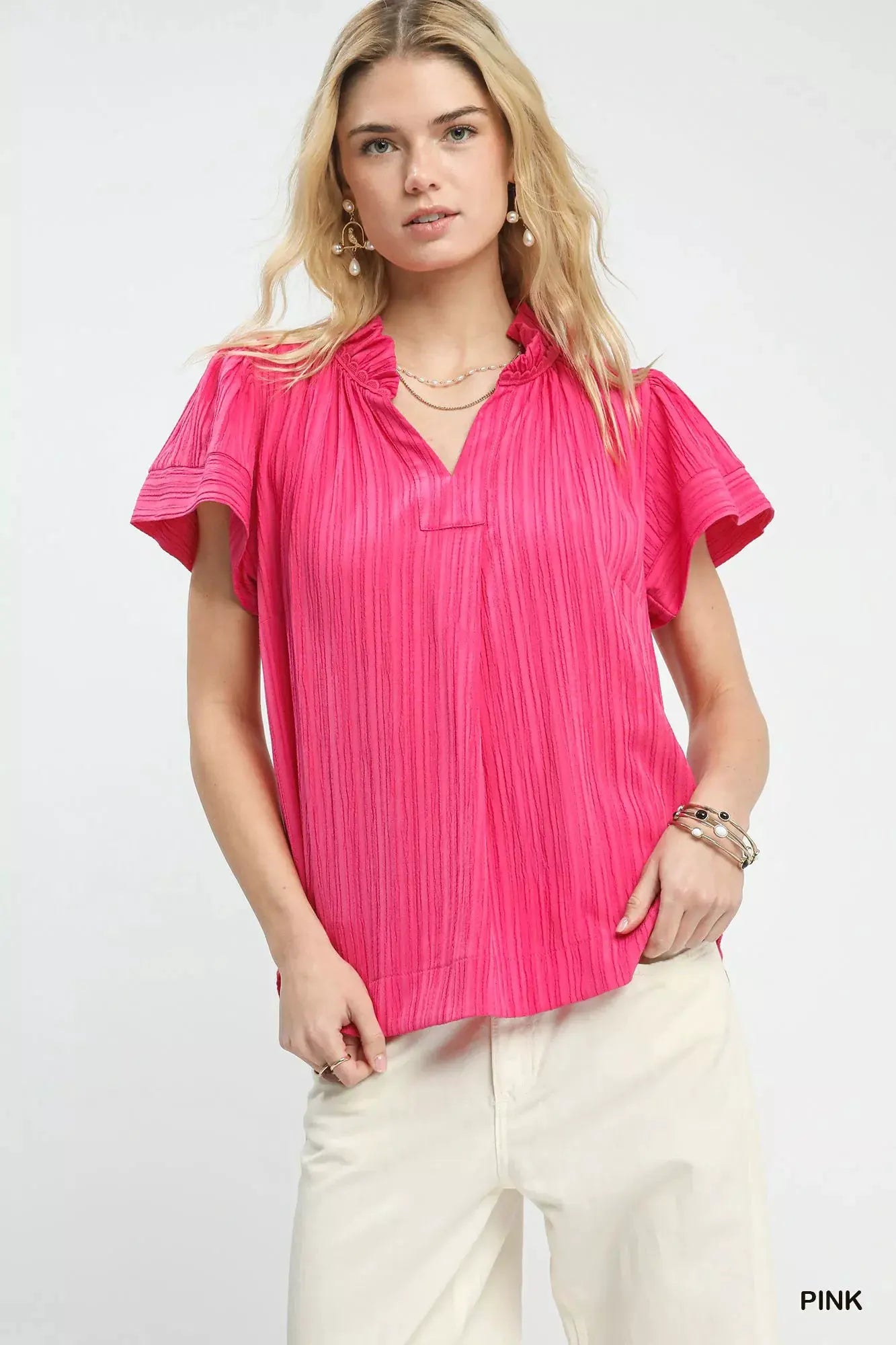 Umgee Texture Flutter Sleeve Notched Blouse by Umgee