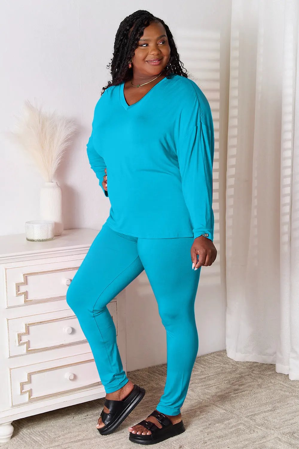 Basic Bae Full Size V-Neck Soft Rayon Long Sleeve Top and Pants Lounge Set by Basic Bae