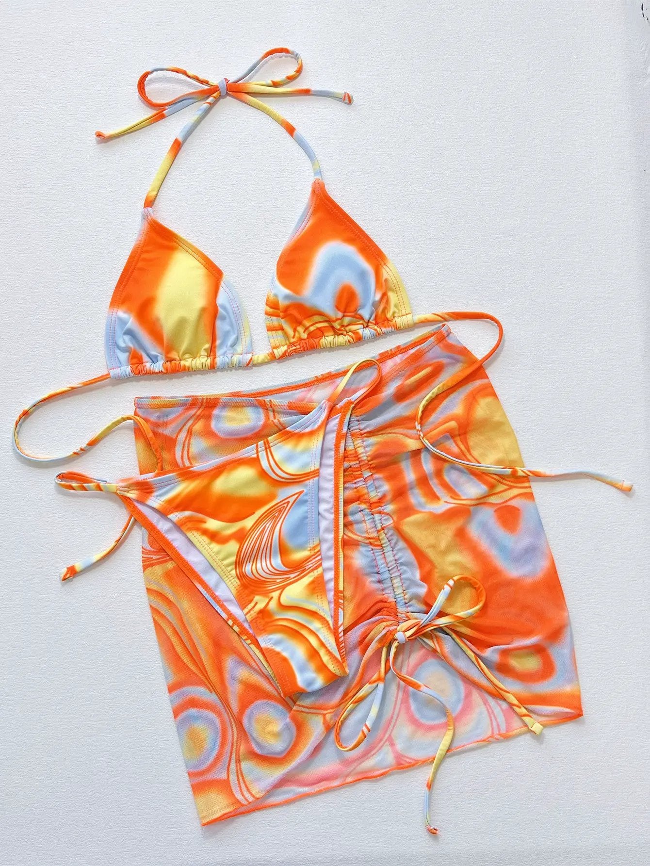 Multicolored Drawstring Ruched Three-Piece Swim Set by Partner Label