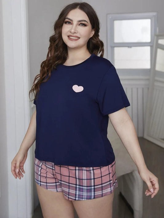 Plus Size Heart Graphic Top and Plaid Shorts Loungewear Set by Partner Label