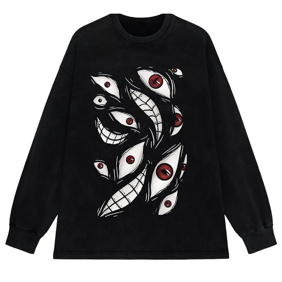 Harajuku Anime Eyes Graphic Washed T-Shirt Men Streetwear Cotton Tee by Vimost Shop