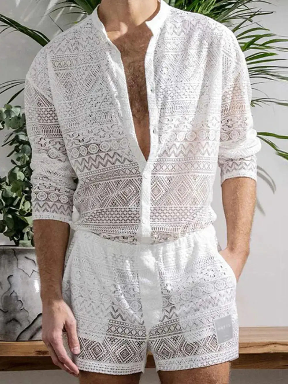 Men's Full Size Lace Button Down Top and Shorts Set Plus Size by Trendsi