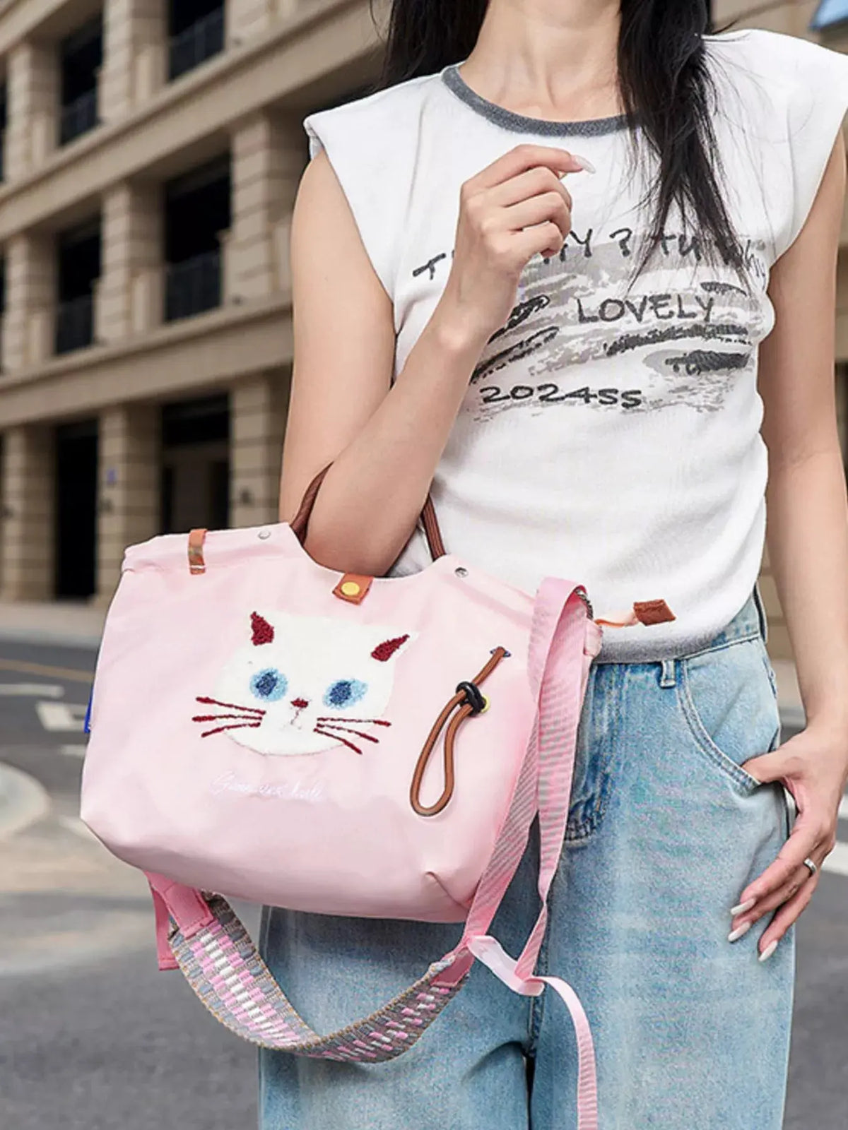 Embroidered Cat Tote Bag with Adjustable Shoulder Strap by Partner Label