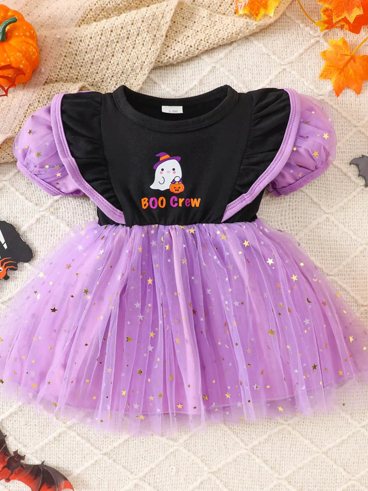 Children's Halloween 'BOO Crew' Ghost Graphic Tulle Tutu Dress by Trendsi