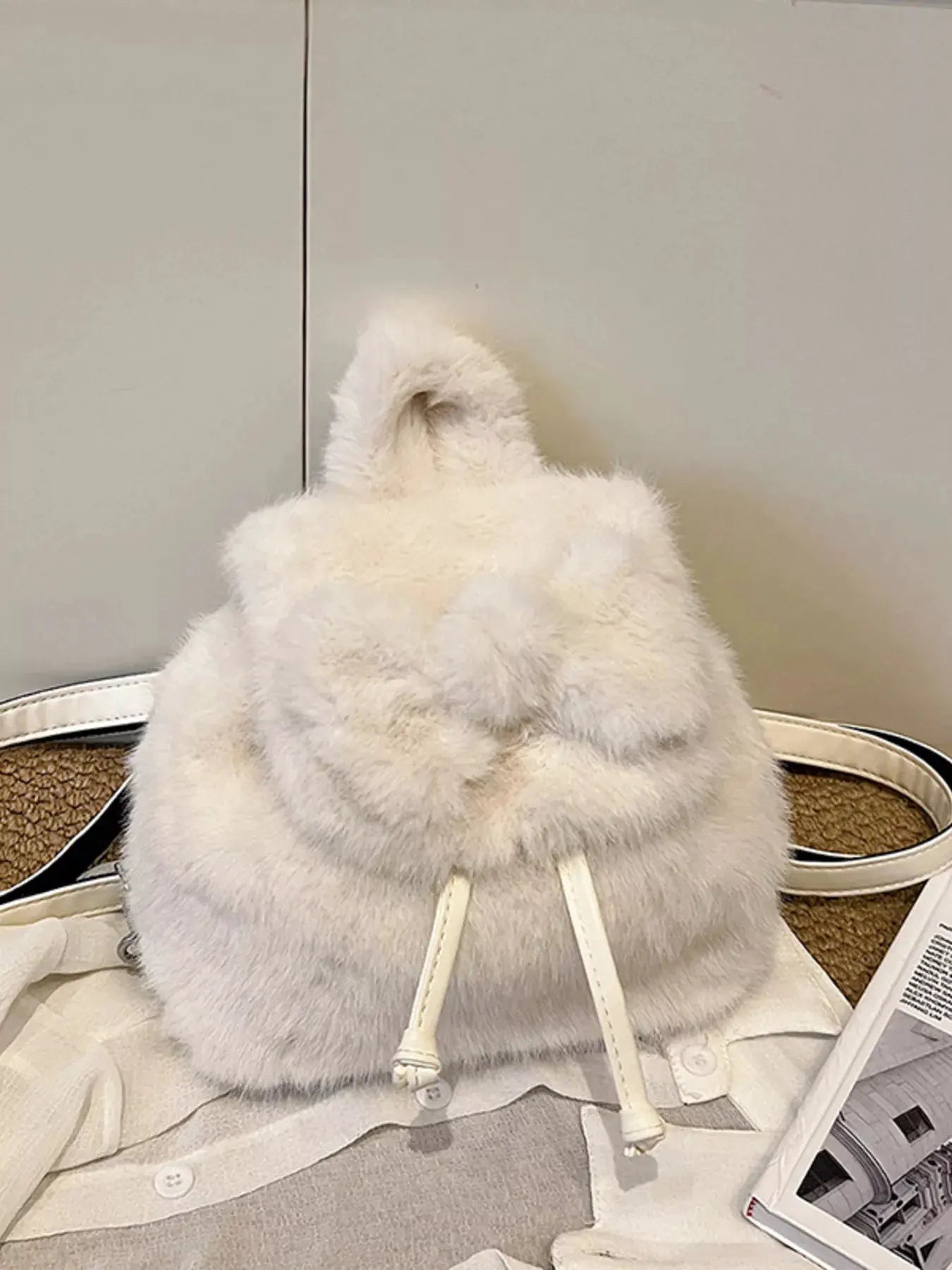 Fuzzy Plush Drawstring Backpack Bag by Partner Label