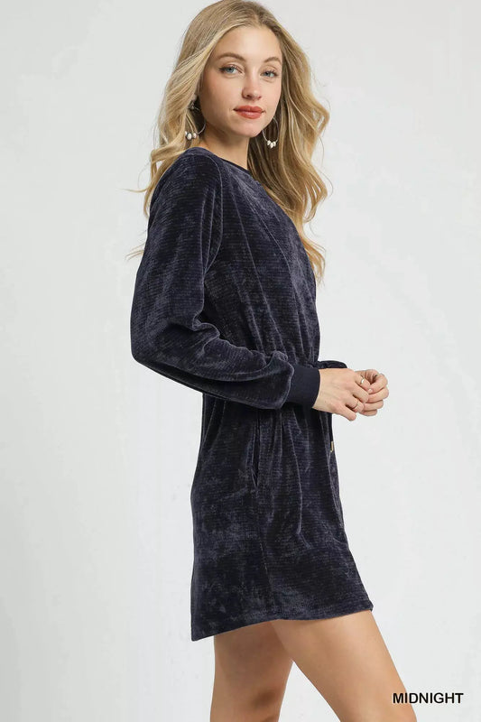 Umgee Velour Drawstring Mini Dress with Long Sleeves by Umgee