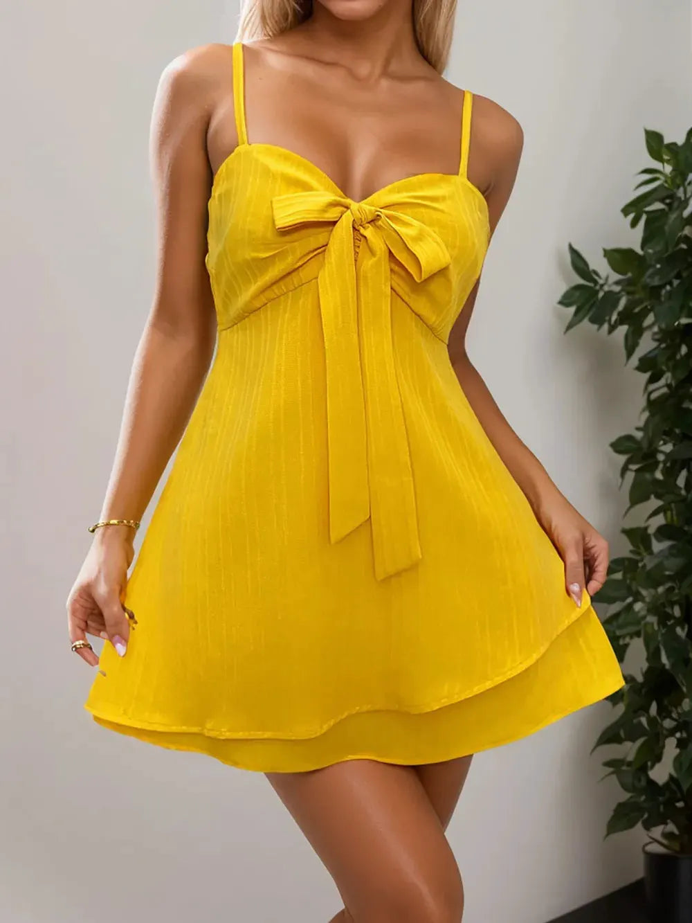 Layered Sweetheart Neck Bow Front Mini Cami Dress by Partner Label