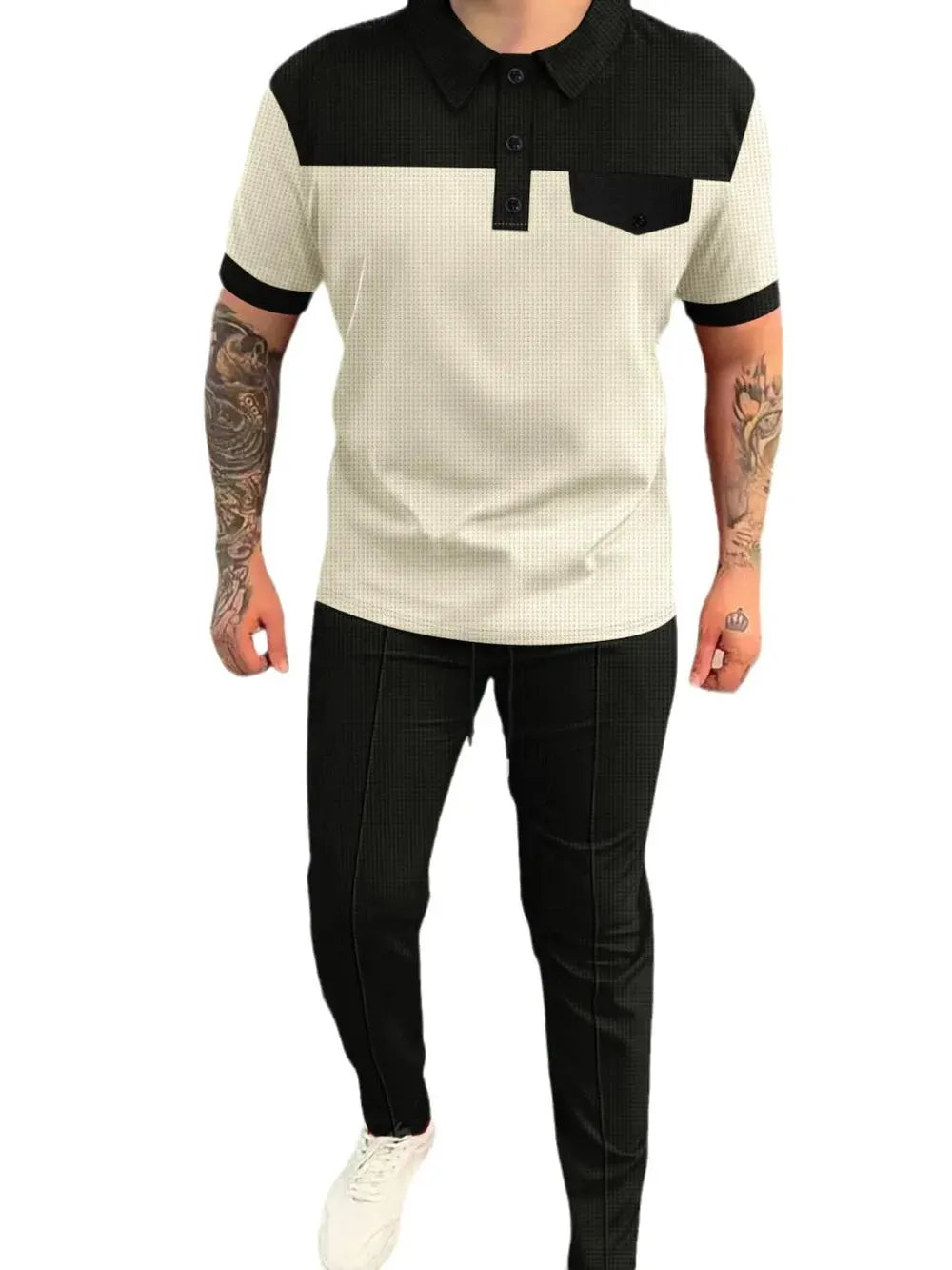 Men‘s Full Size Waffle-Knit Contrast Top and Pants Set Plus Size by Trendsi