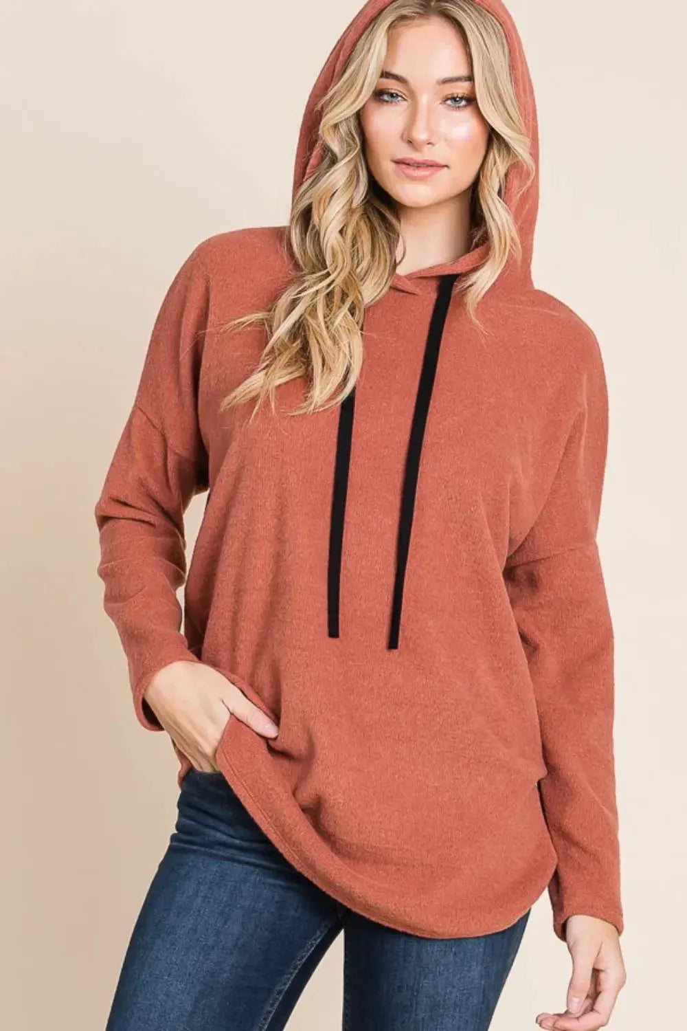 BOMBOM Contrast Drawstring Drop Shoulder Knit Hoodie by BOMBOM