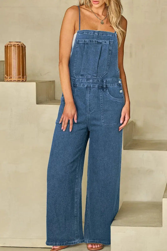 Adjustable Tie Straps Wide Leg Denim Overalls by Partner Labels