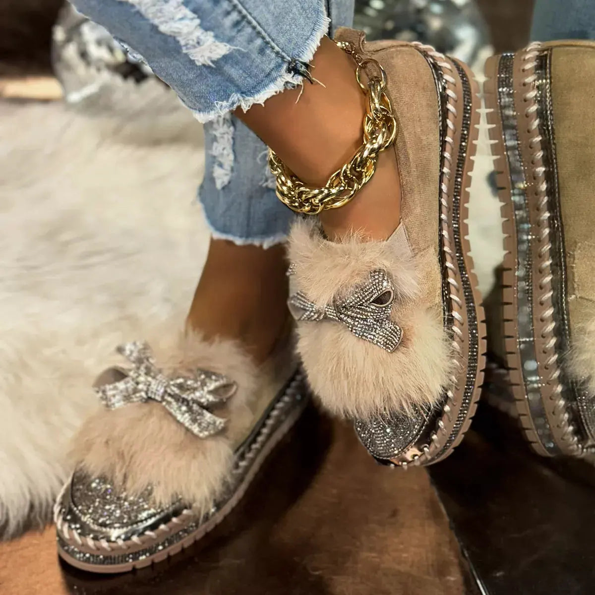 Fuzzy Bowknot Rhinestone Platform Loafers by Partner Label