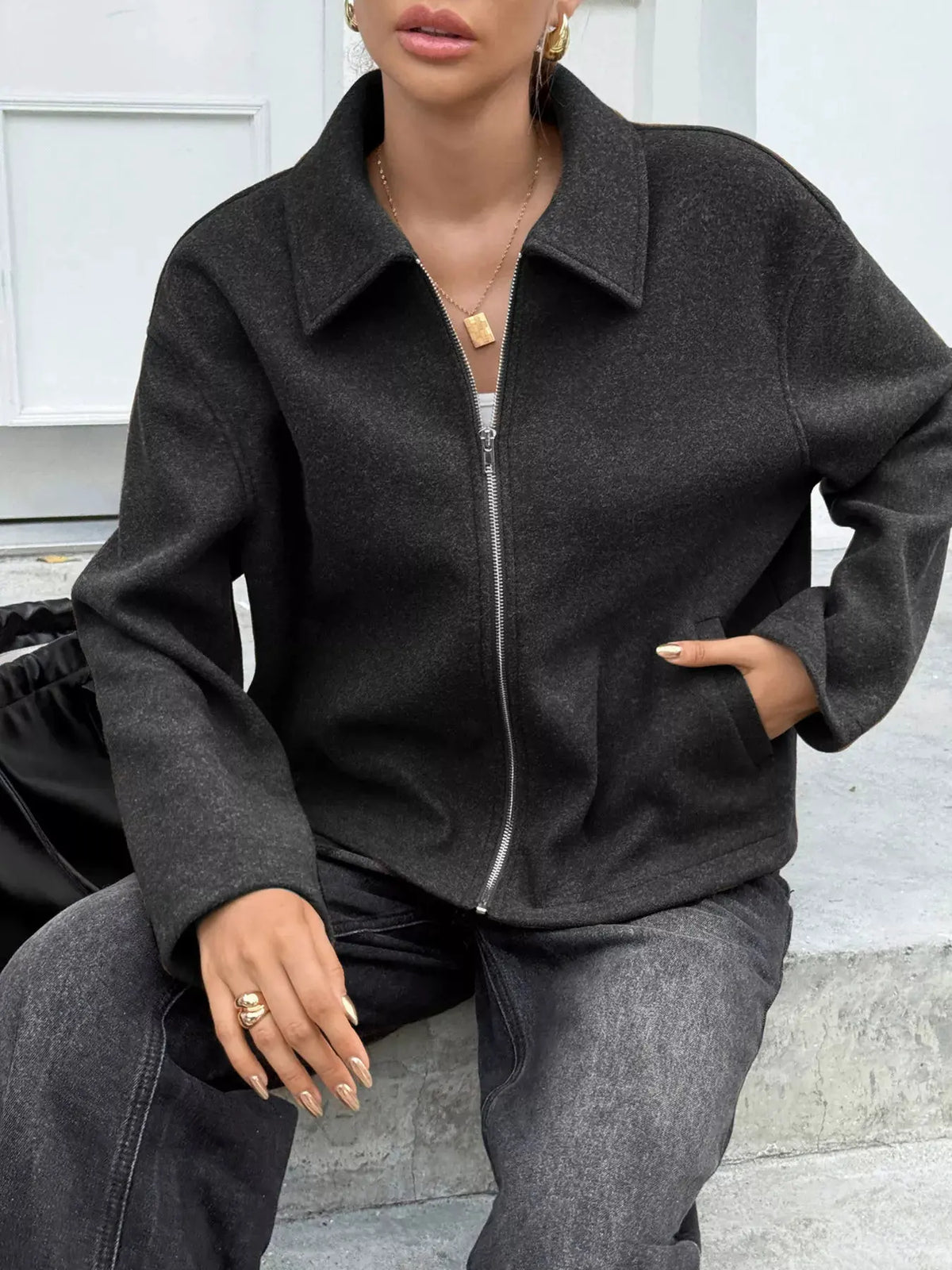 Zip-Up Dropped Shoulder Jacket by Partner Label
