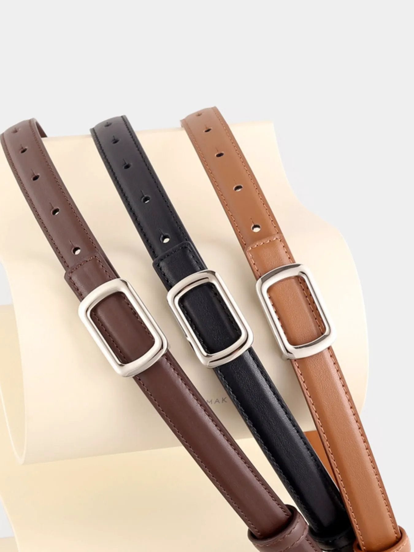 Leather Skinny Belt with Buckle by Trendsi