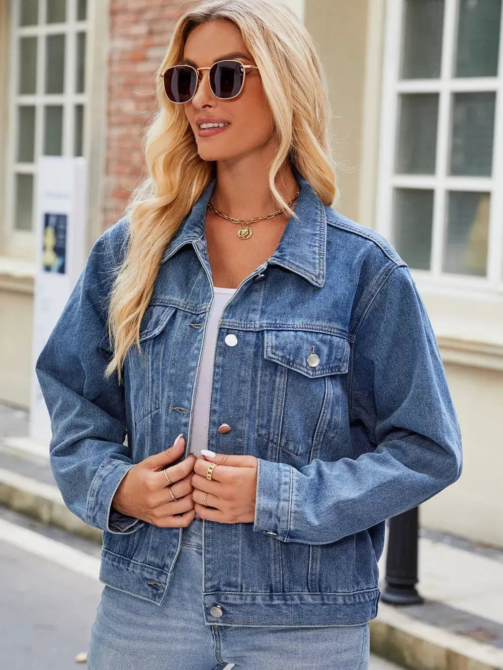 Pocketed Collared Neck Denim Jacket by Partner Label