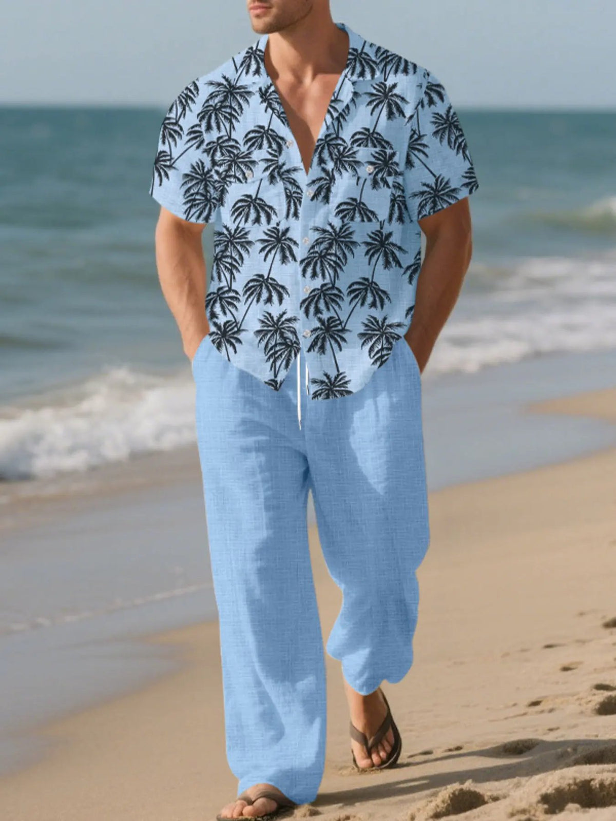 Men's Full Size Tropical Palm Print Button Up Shirt and Pants Set Plus Size by Trendsi