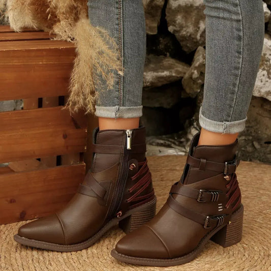 Point Toe Buckle Strap Ankle Boots with Block Heels by Partner Label
