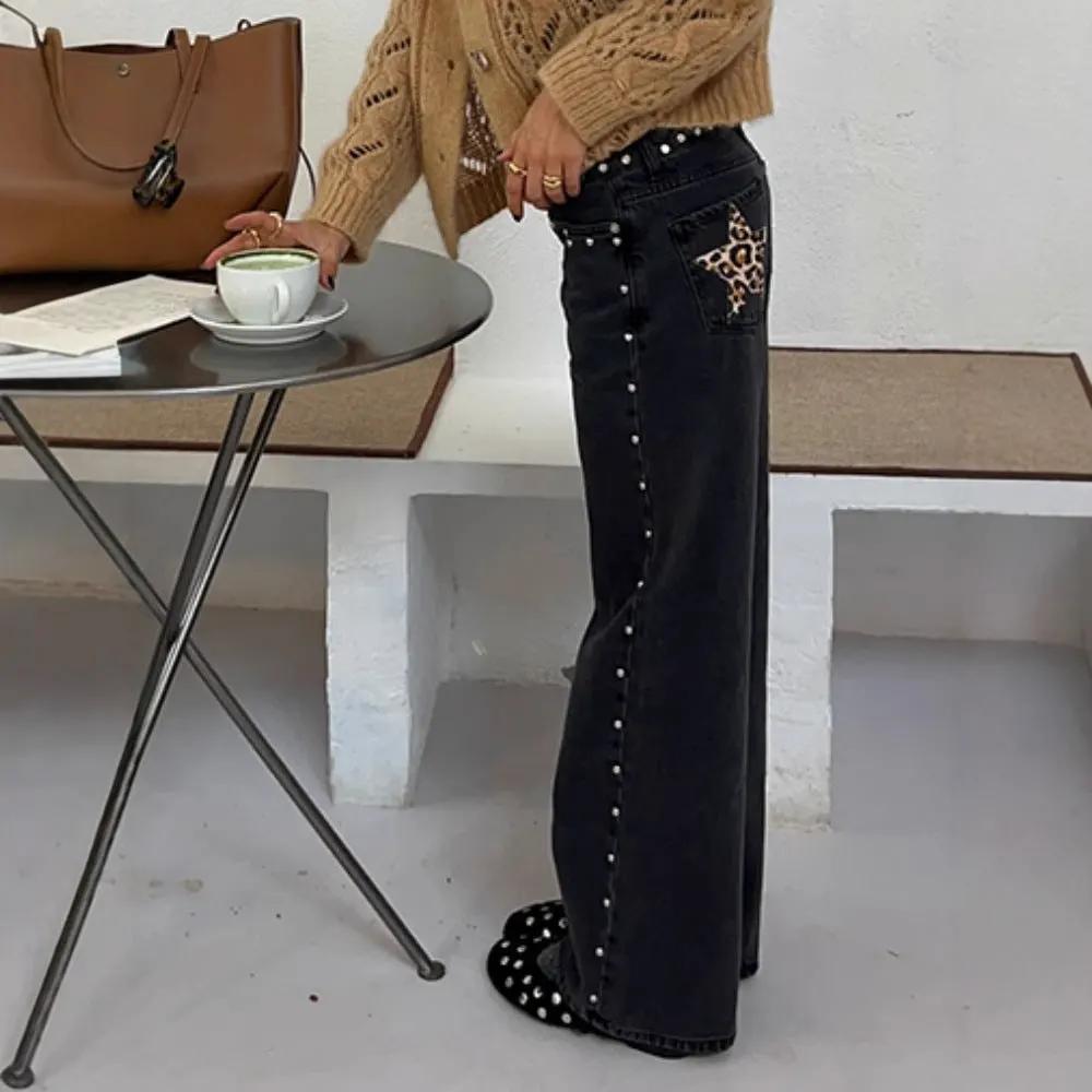 Leopard Print Five-pointed Star Deconstructing Jeans For Women by Maiden-Art