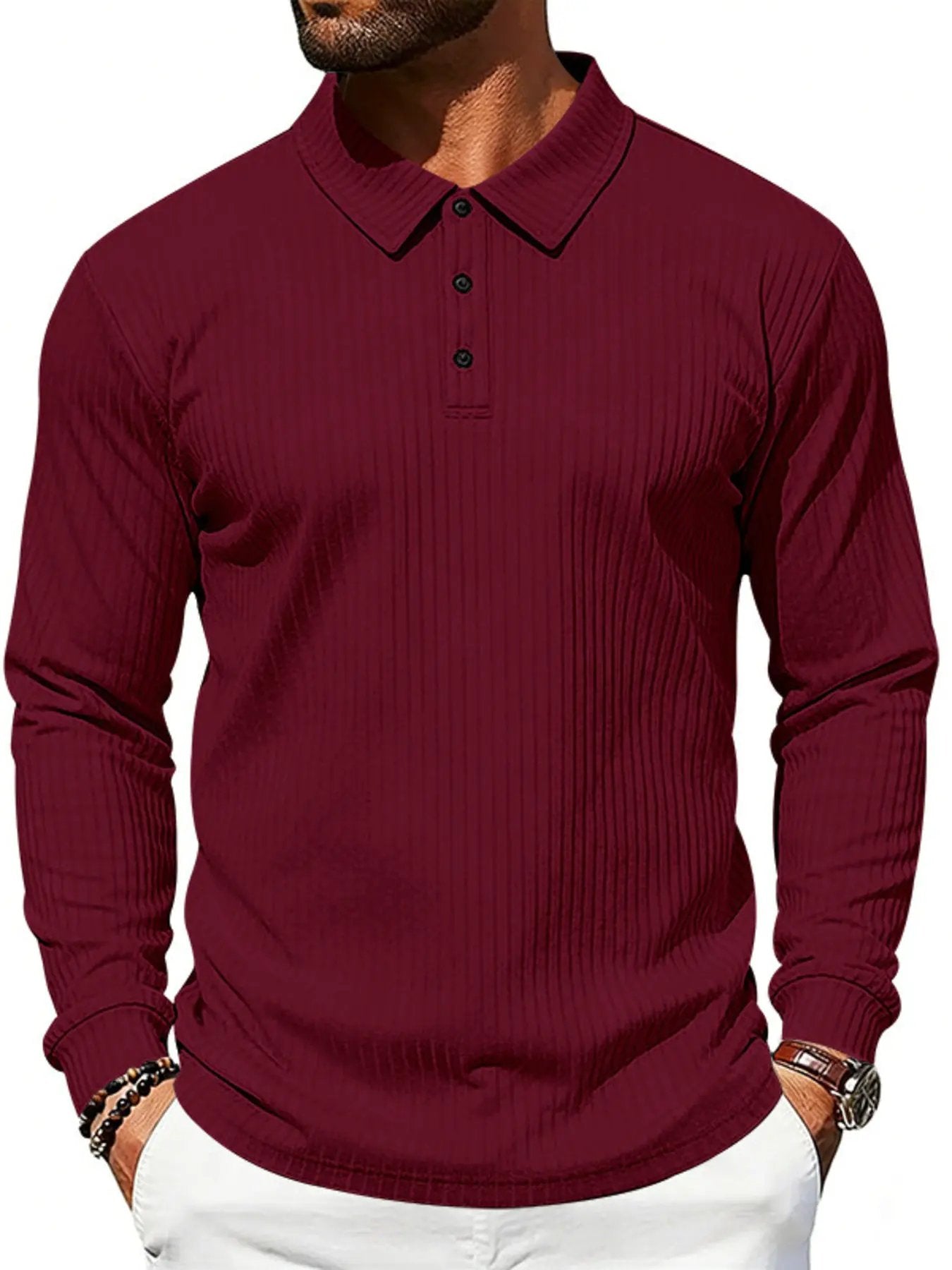 Men's Full Size Ribbed Long Sleeve Polo with Button Detail Plus Size by Trendsi