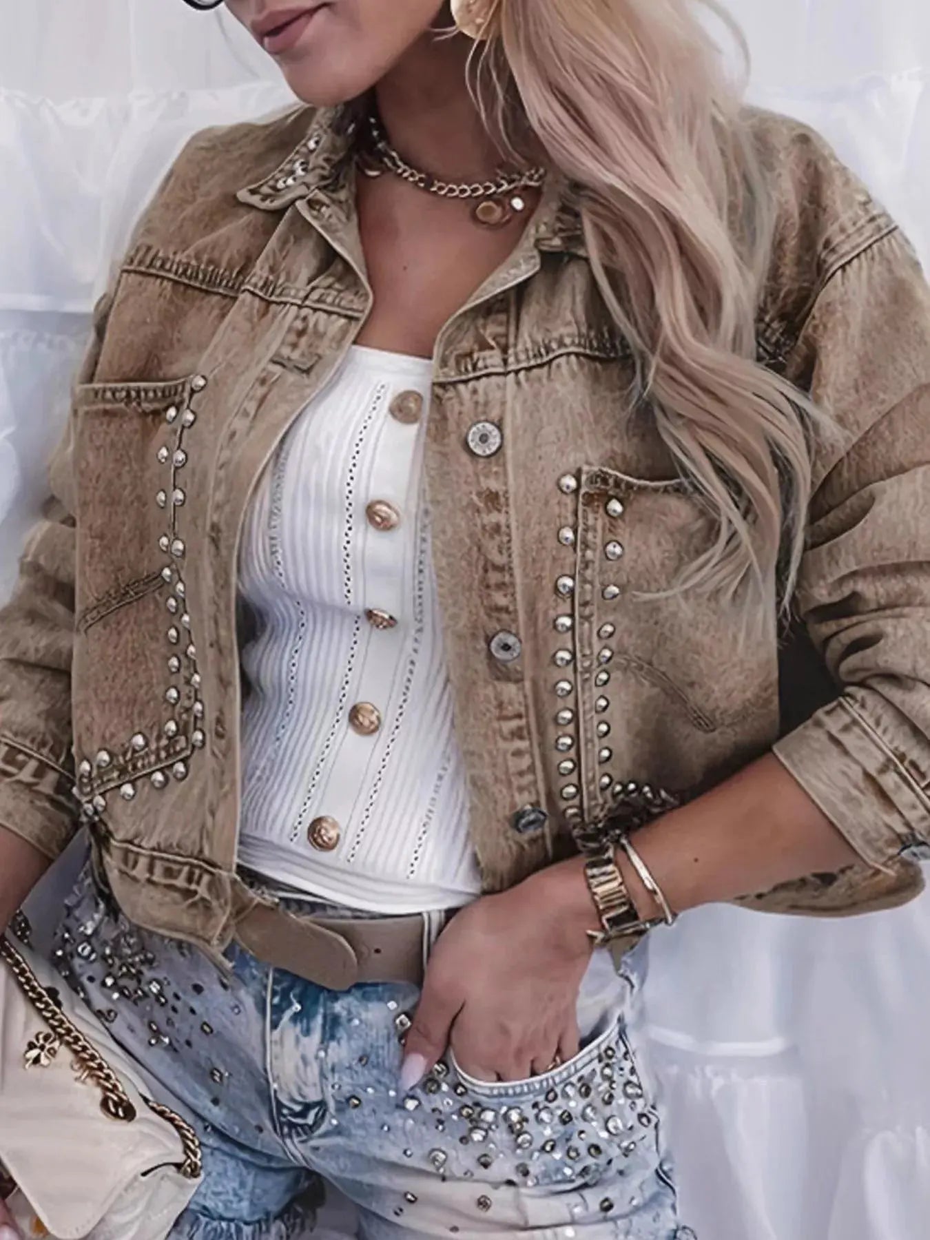 Studded Button Up Denim Jacket by Partner Label