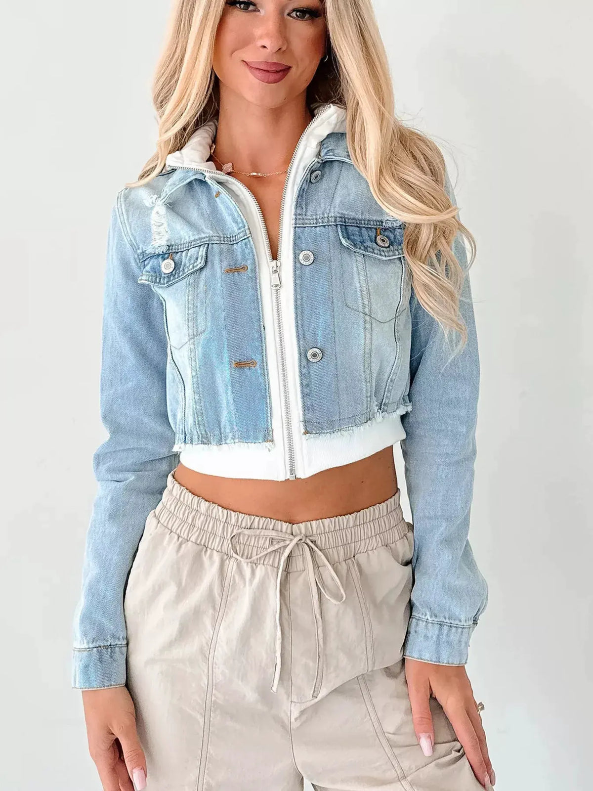 Distressed Zip Up Cropped Hooded Denim Jacket by Partner Label