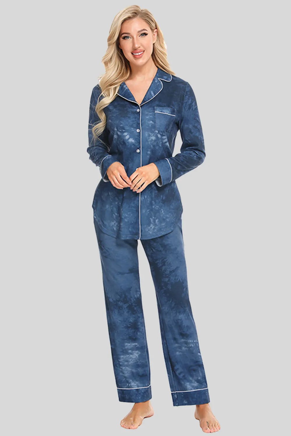 Collared Neck Long Sleeve Loungewear Set with Pockets by Partner Label