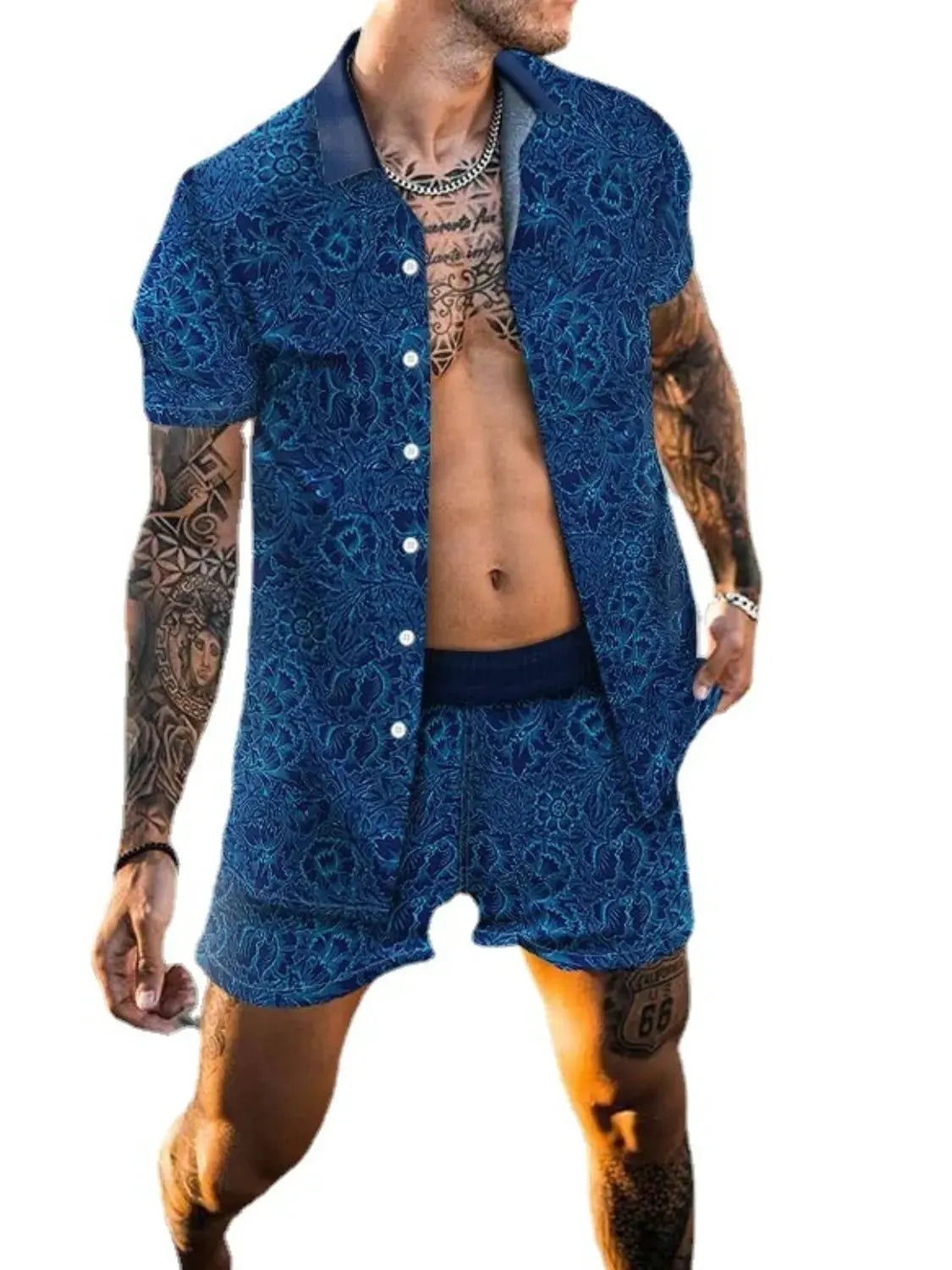 Men's Full Size Printed Collared Neck Short Sleeve Top and Shorts Set Plus Size by Trendsi