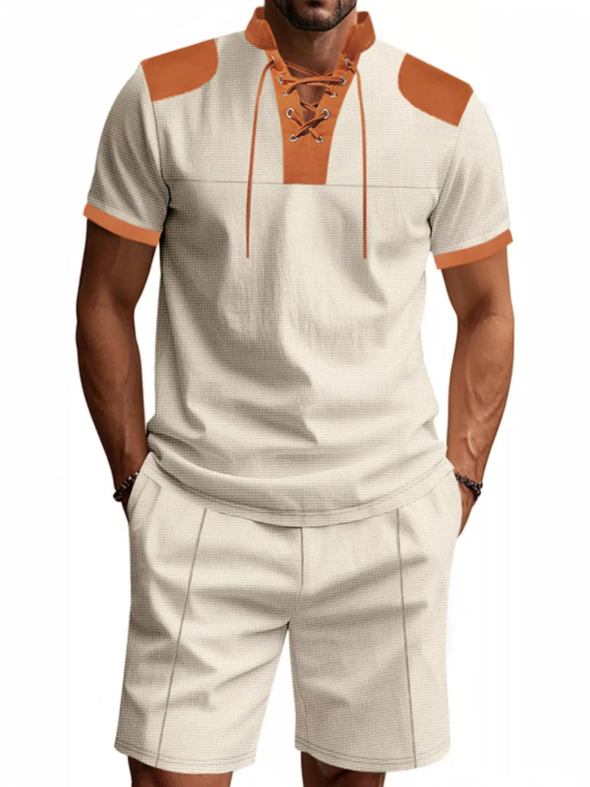 Men's Full Size Lace-Up Collar Casual Top and Shorts Set Plus Size by Trendsi