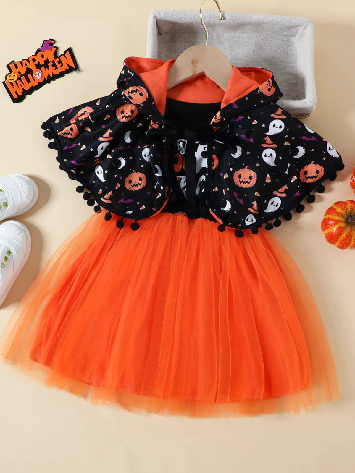 Children's Halloween Ghost Graphic Dress and Hooded Cape Set by Trendsi