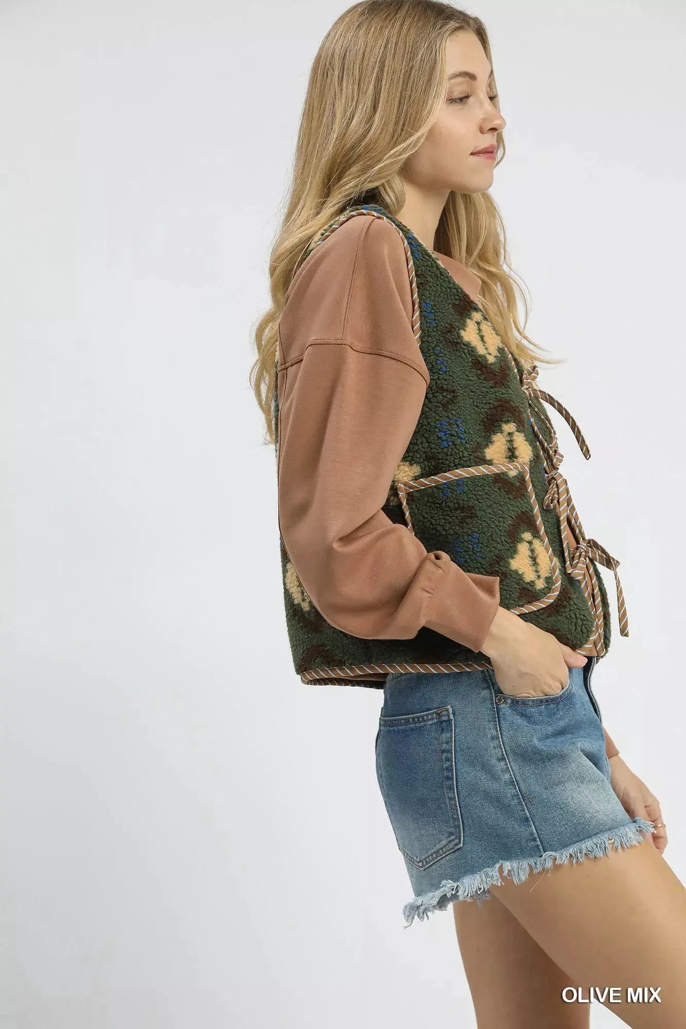 Umgee Mix Patterned Sherpa Tie-Front Vest by Umgee