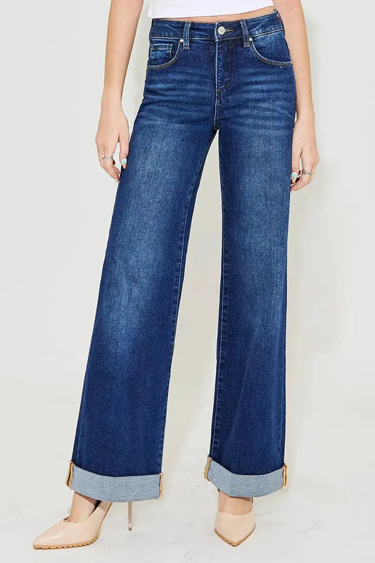 RISEN Full Size Tummy Control High Rise Wide Leg Cuffed Jeans Plus Size by RISEN
