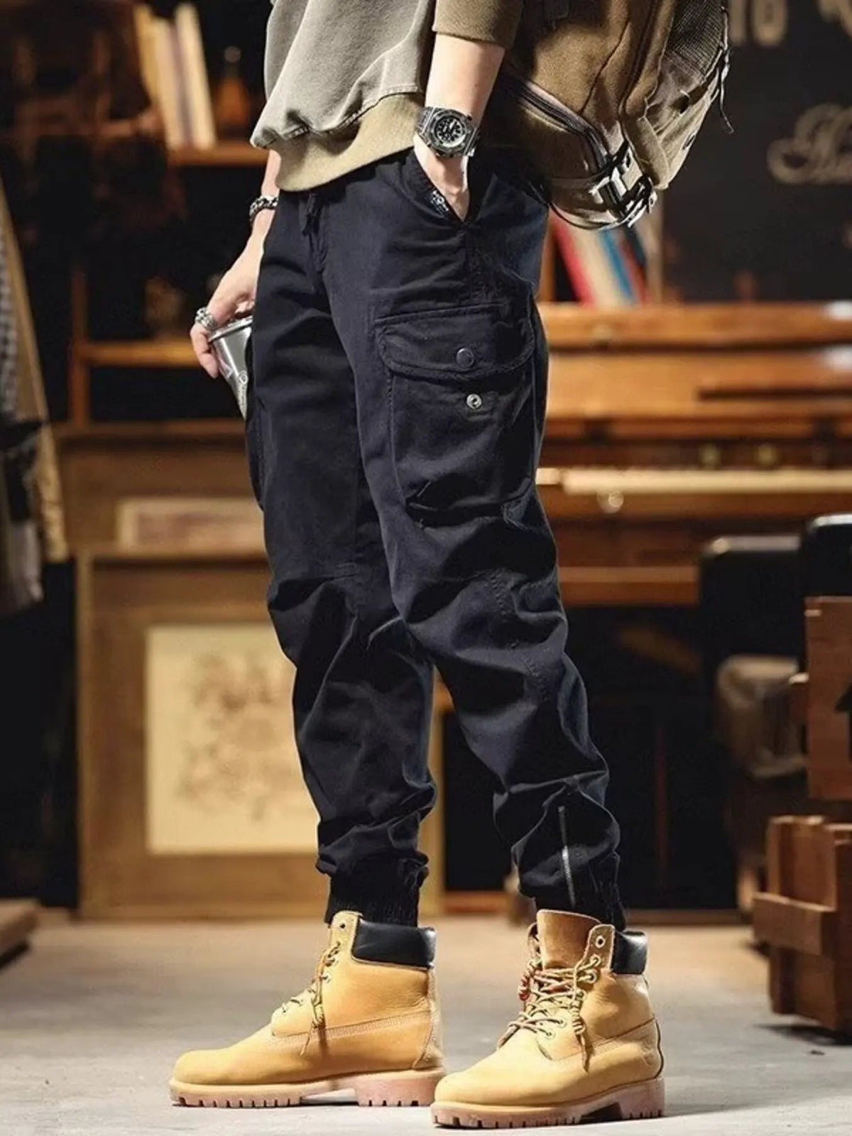 Men's Plus Size Casual Cargo Pants with Elastic Cuff by Partner Label