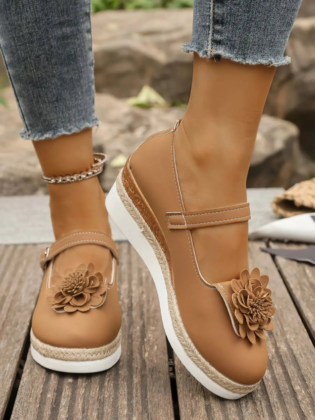 Flower Embellished Mary Jane Loafers by Partner Label
