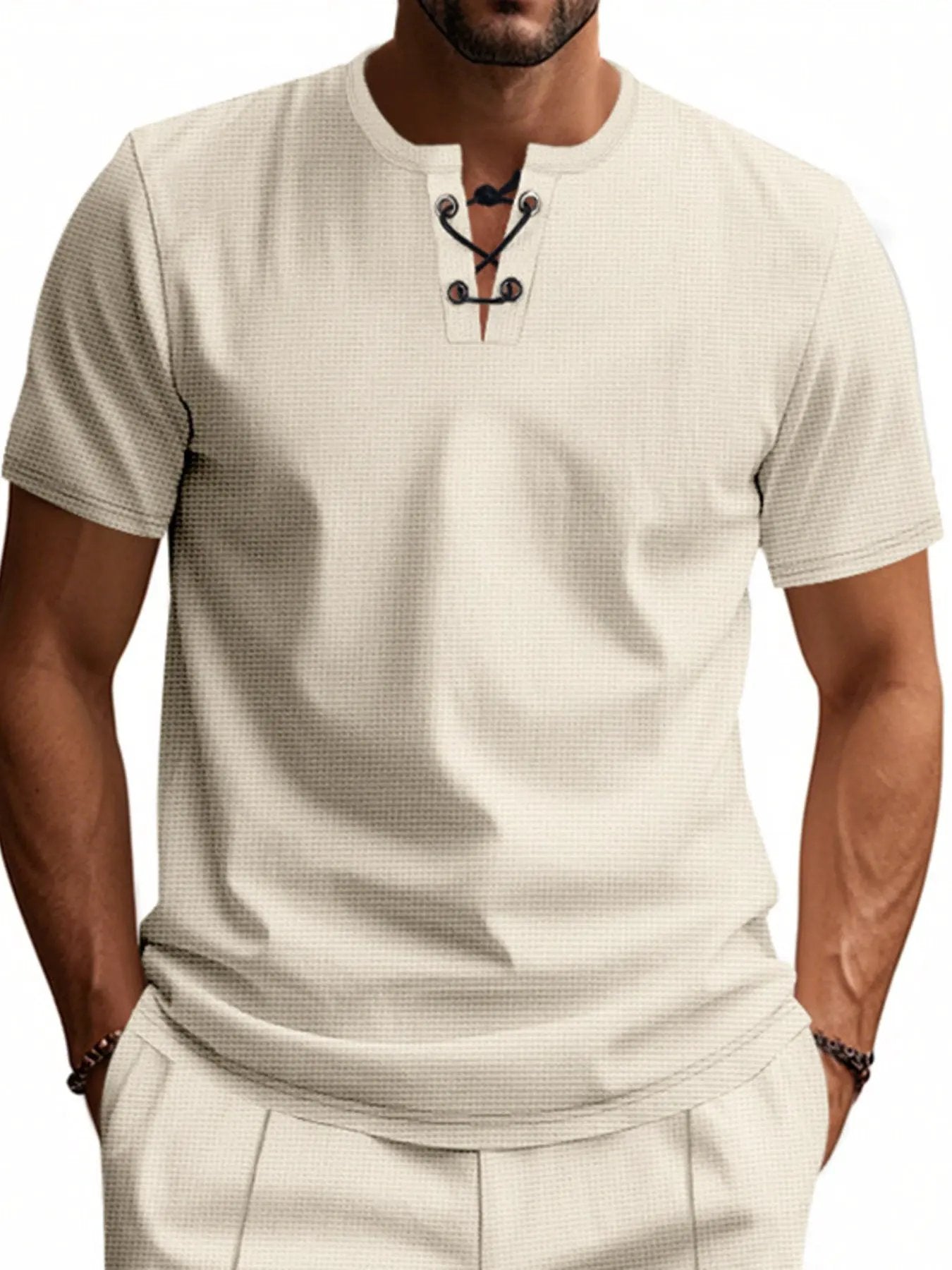 Men's Full Size Lace-Up Neck T-Shirt Plus Size by Trendsi