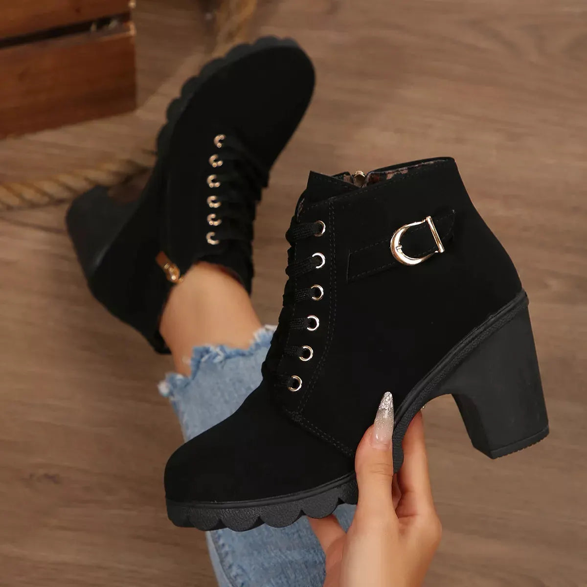 Lace Up Block Heels Boots by Partner Label