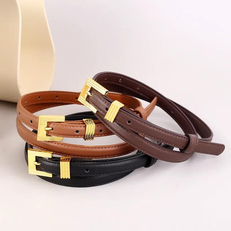 Skinny Leather Belt with Golden Buckle by Trendsi