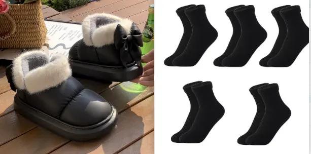 Winter Women Cute Warm Ankle Boots Outdoor Non-slip Thick Sole Snow Boots Furry Bow Cotton Shoes Men Pu Waterproof Plush Boots by Maiden-Art