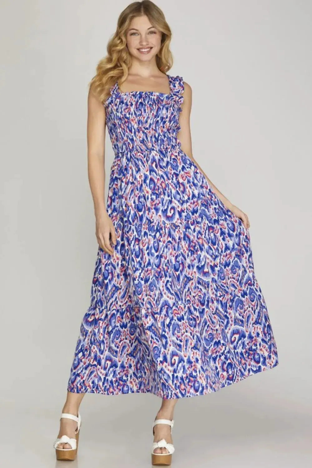She + Sky Full Size Smocked Printed Wide Strap Tiered Dress Plus Size by She + Sky