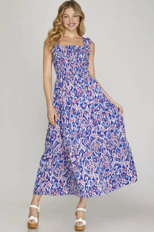 She + Sky Full Size Smocked Printed Wide Strap Tiered Dress Plus Size by She + Sky