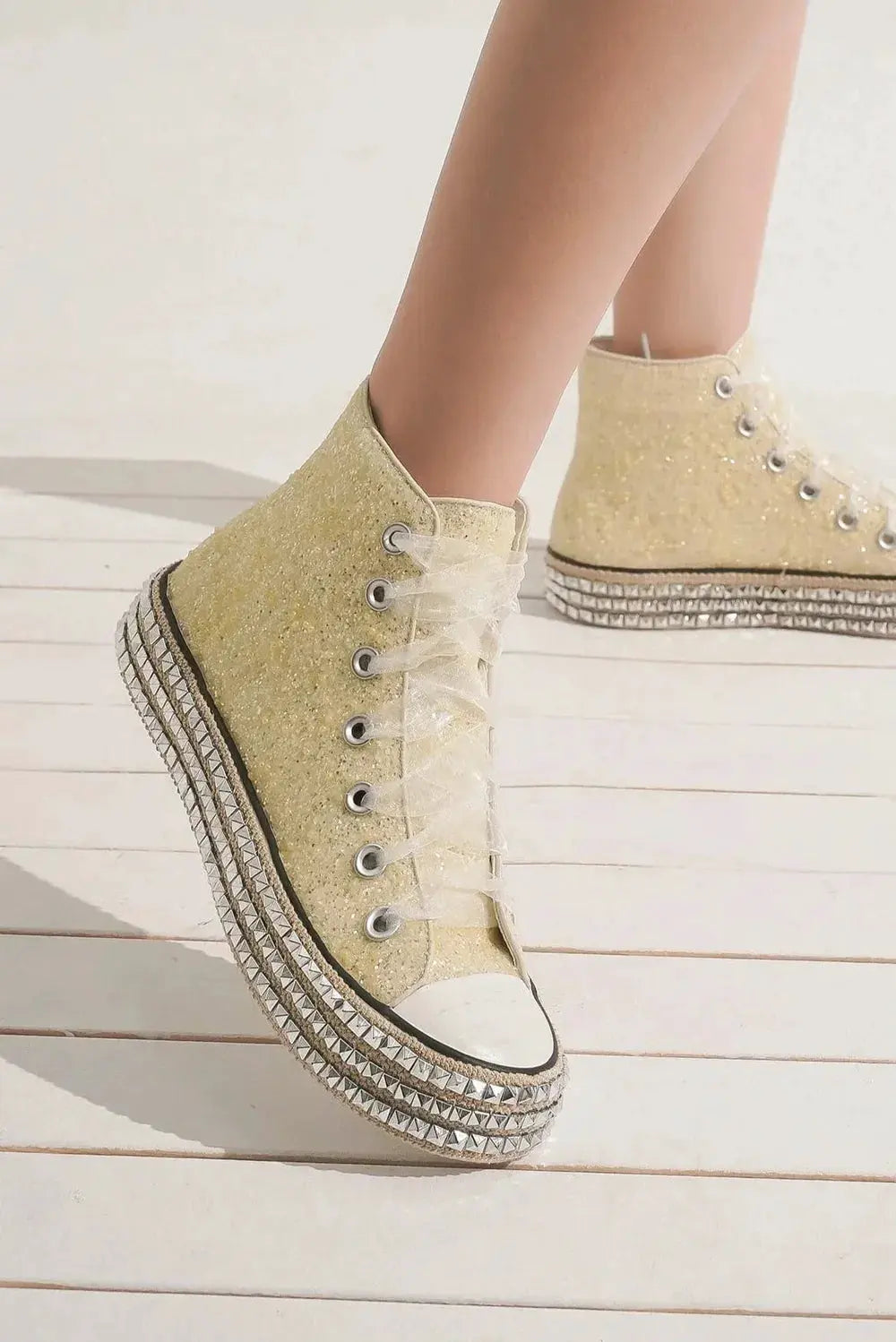 Beast Fashion Glitter Lace-Up Studded Platform Sneakers by Beast Fashion