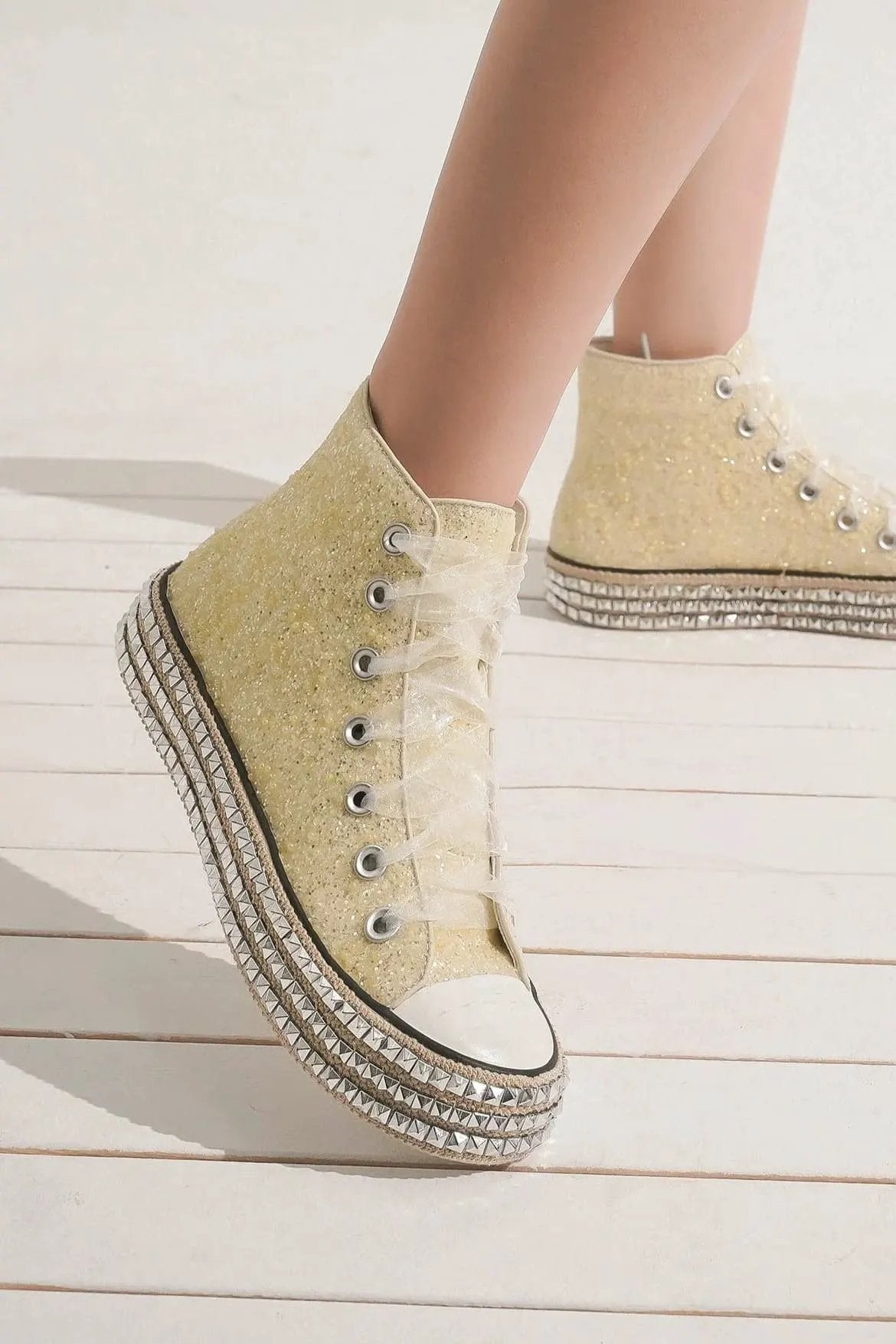 Beast Fashion Glitter Lace-Up Studded Platform Sneakers by Beast Fashion