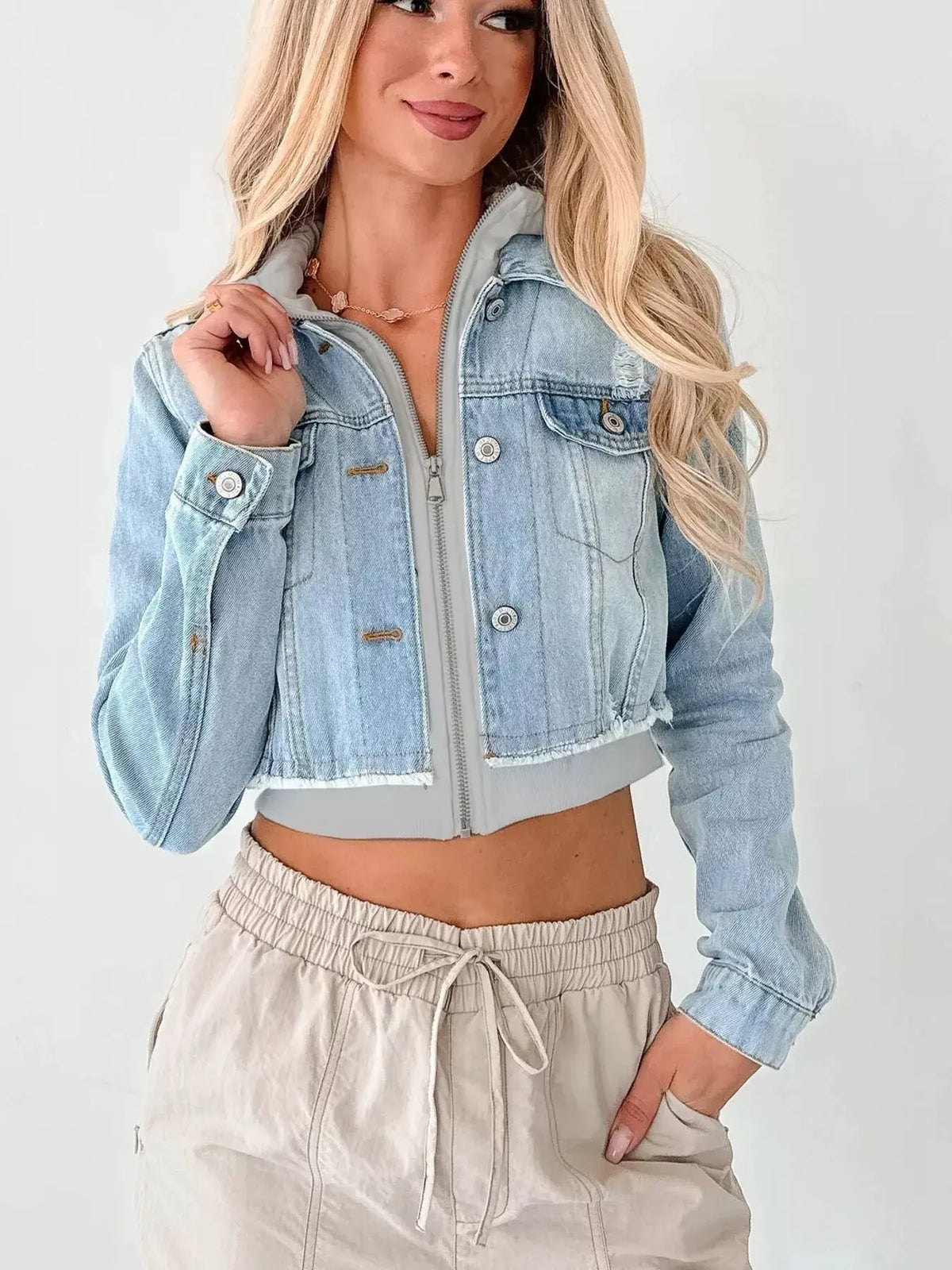 Distressed Zip Up Cropped Hooded Denim Jacket by Partner Label