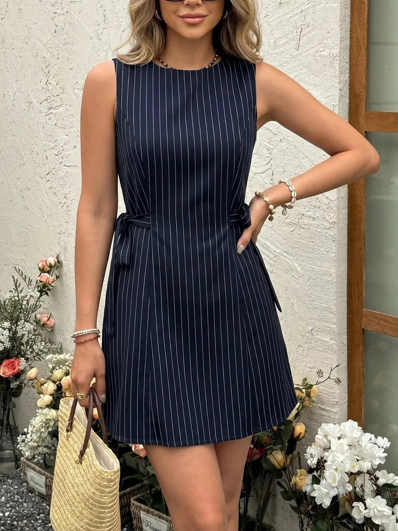 Striped Sleeveless Tie Waist Dress by Partner Label