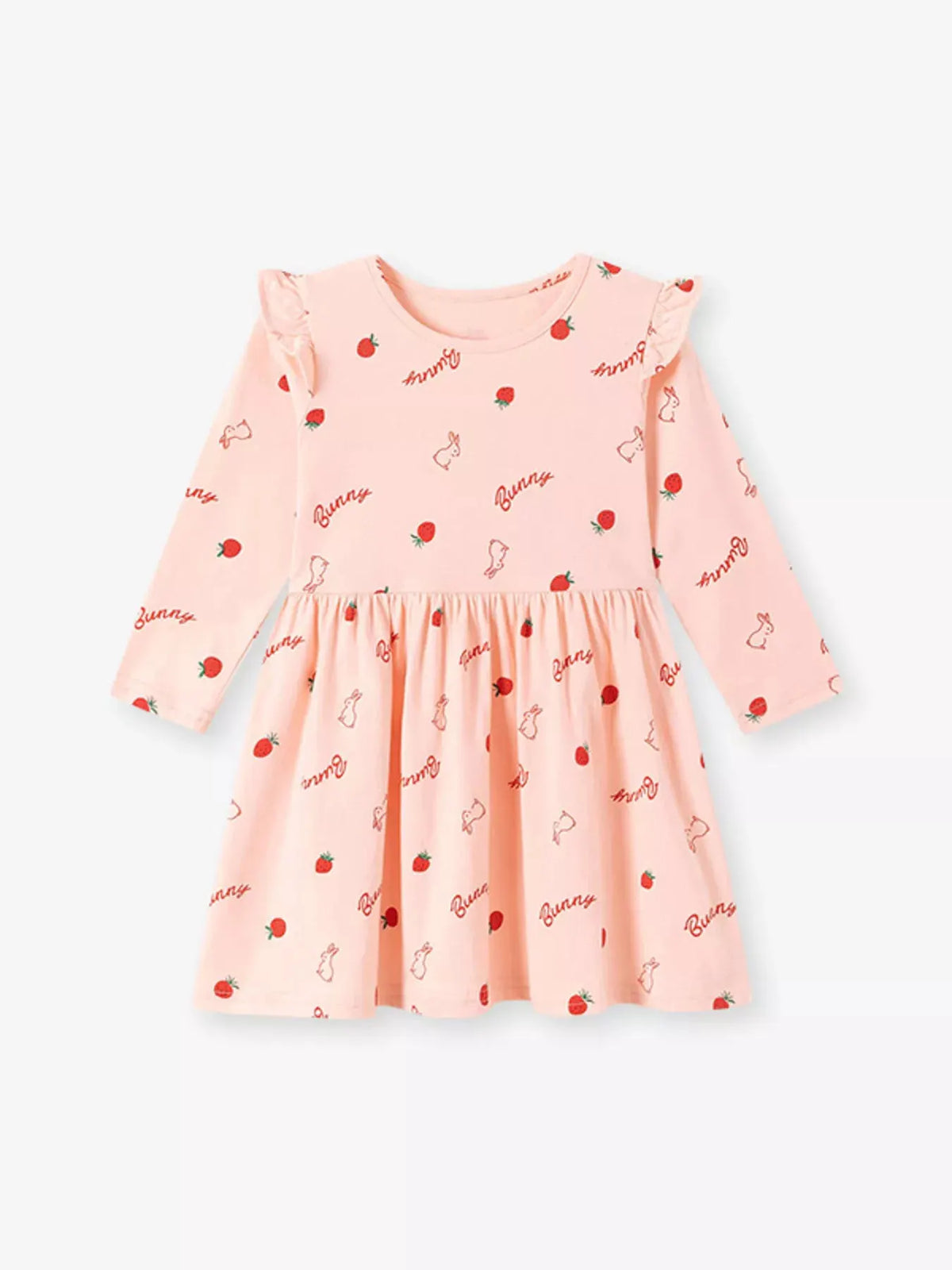 Children's Strawberry and Bunny Print Ruffled Long-Sleeve A-Line Dress by Trendsi