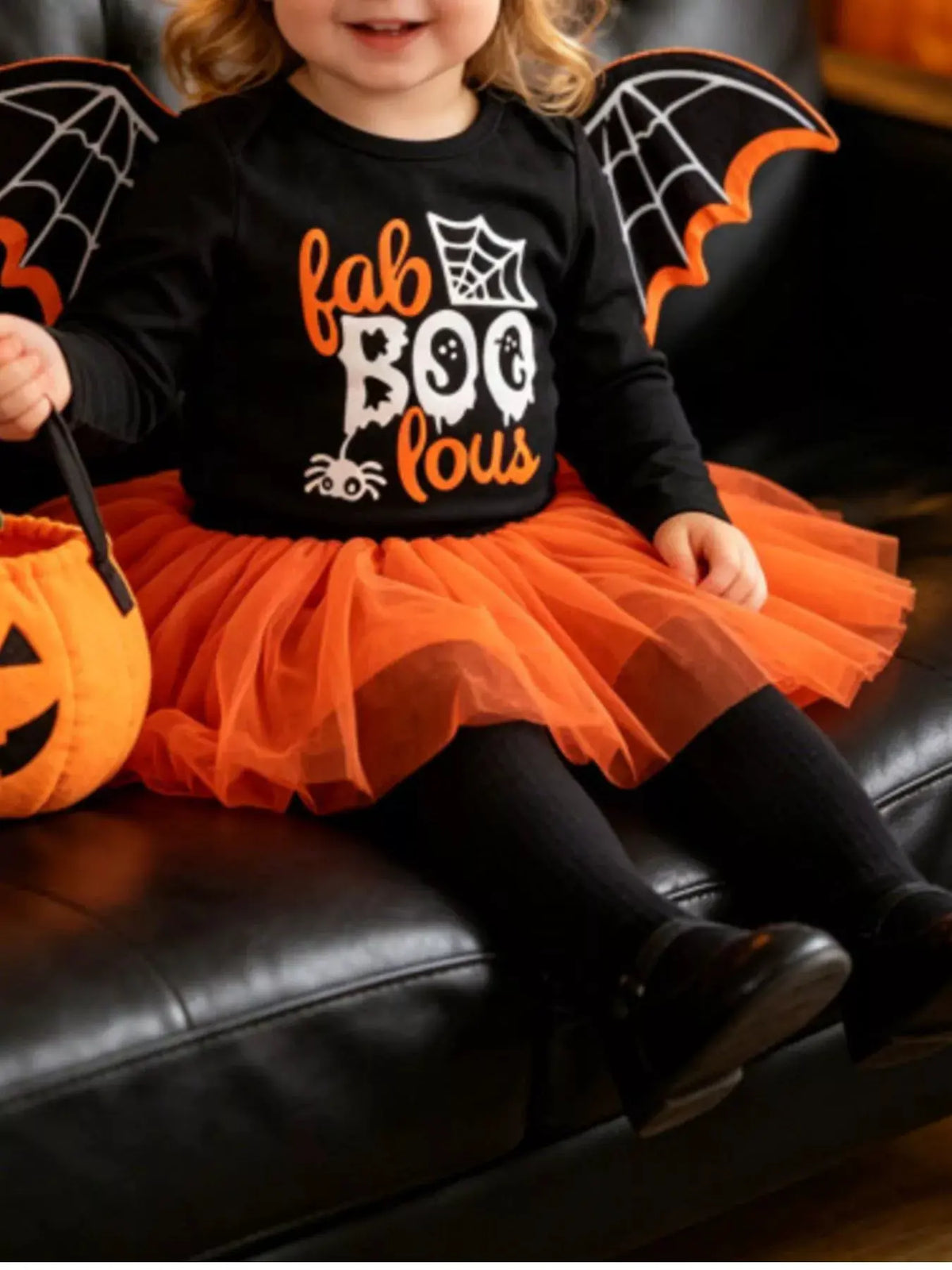 Children's Halloween 'Fab-Boo-Lous' Bat Wing Long Sleeve Top and Tulle Skirt Set by Trendsi