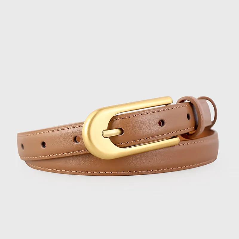Gold Buckle Skinny Leather Belt by Trendsi