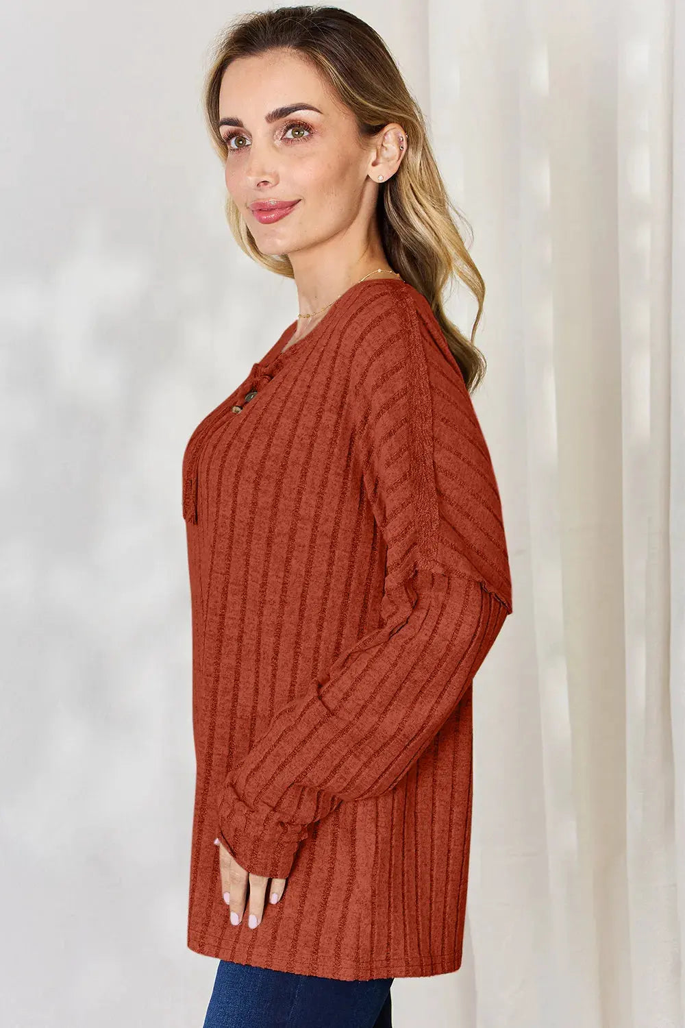 Basic Bae Full Size Ribbed Half Button Long Sleeve T‑Shirt | Partner Labels Selection by Partner Label
