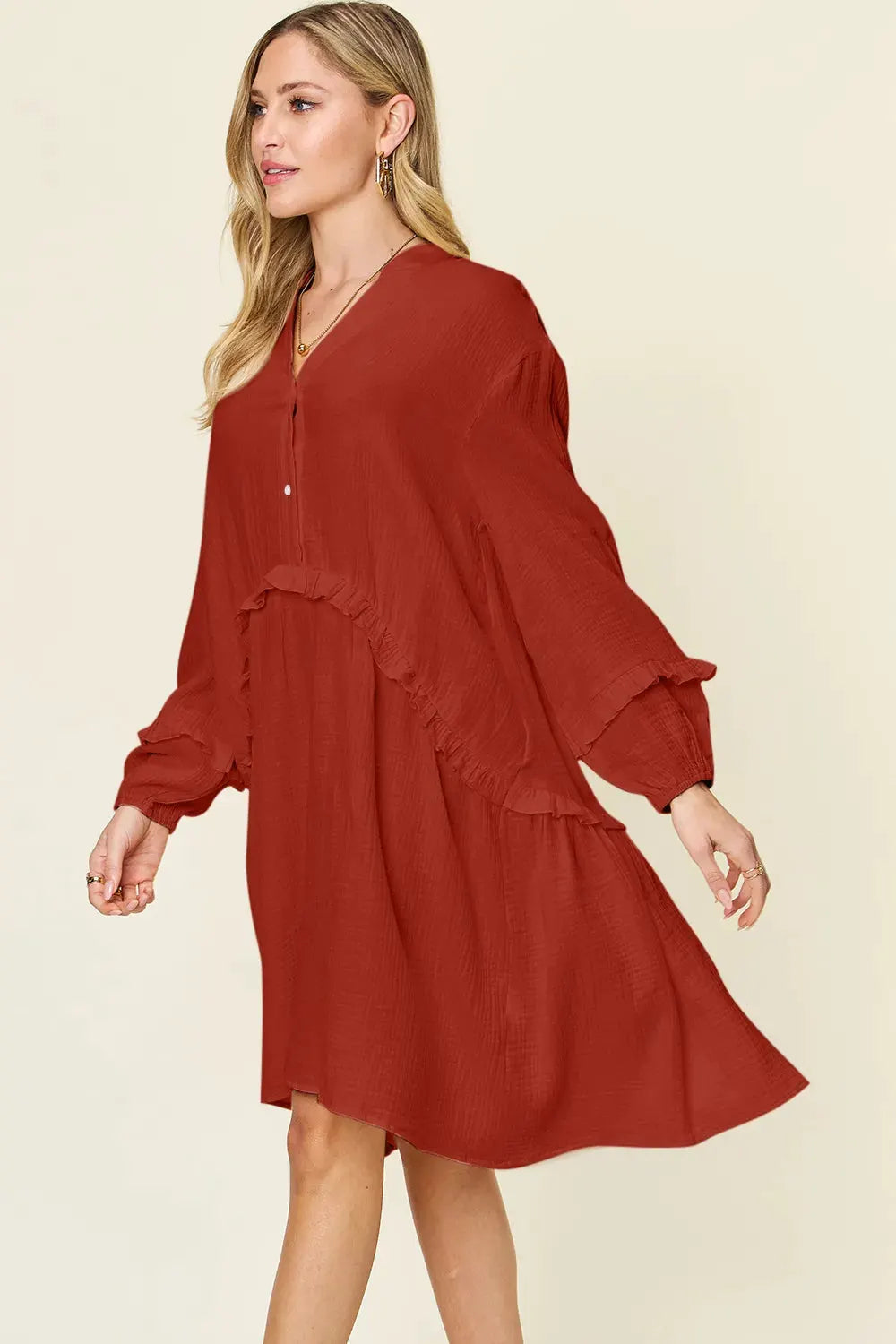 Double Take Full Size Texture Half Button Ruffle Trim Dress by Double Take