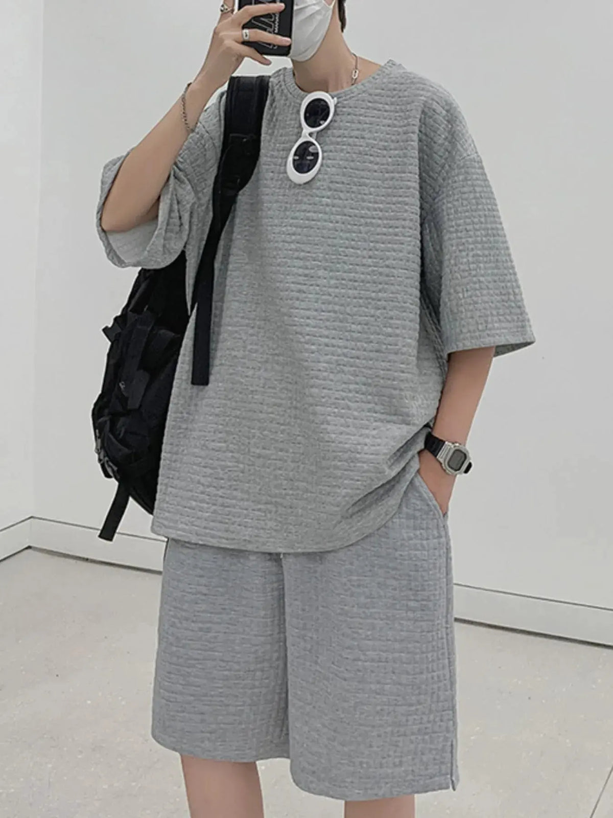 Men's Textured Short Sleeve T-Shirt and Shorts Set by Trendsi