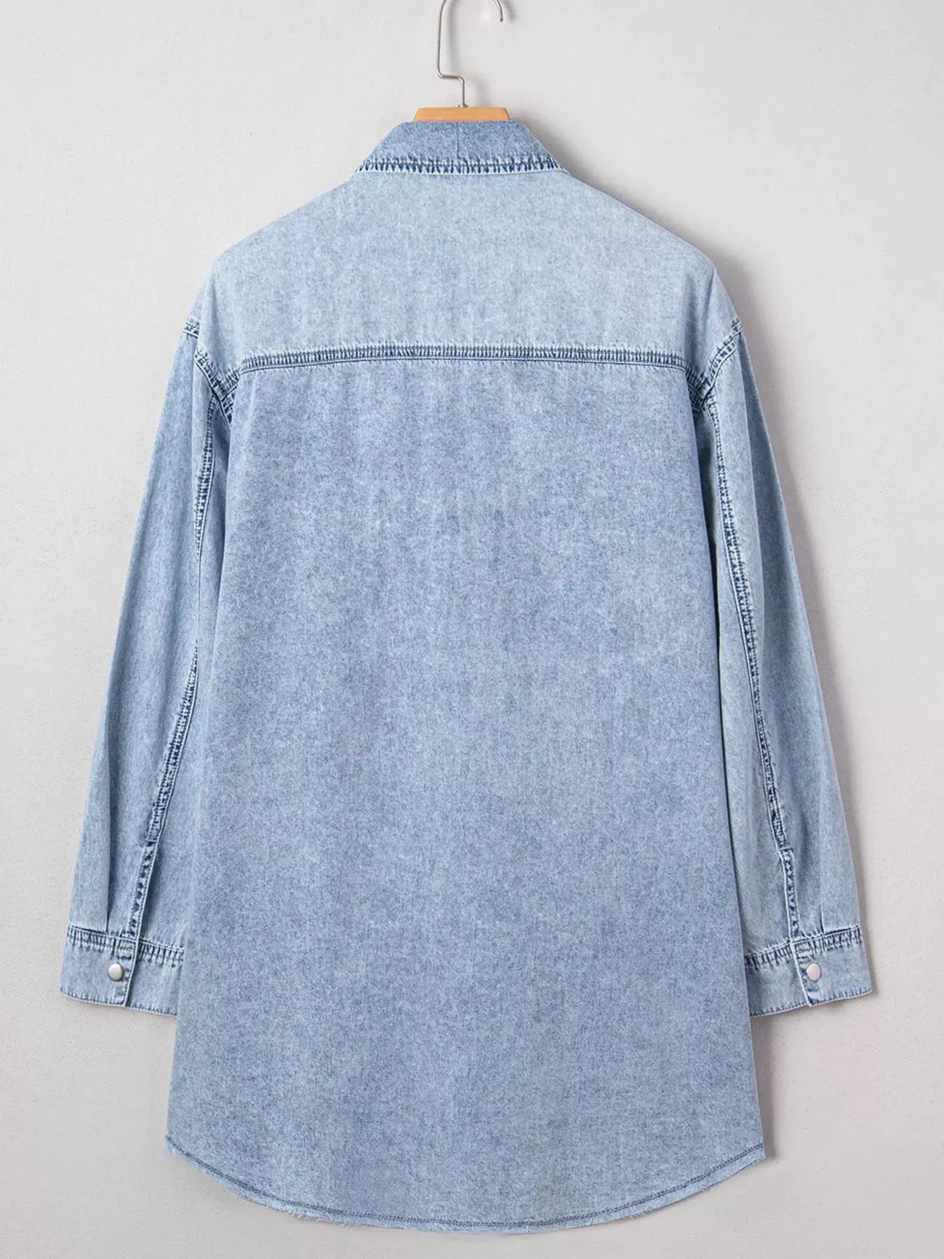 Chest Pocket Raw Hem Denim Loose Shirt Dress by Partner Label